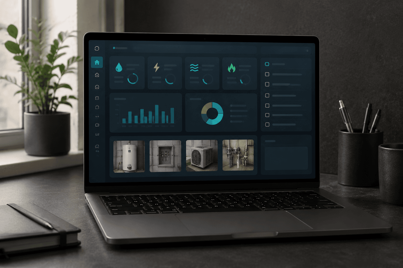 Dark utility log dashboard shown on a laptop
